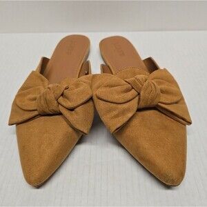 J.Crew Pointed Toe Knotted Bow Slip On Mules Tan Faux Suede Size 8.5M BJ246